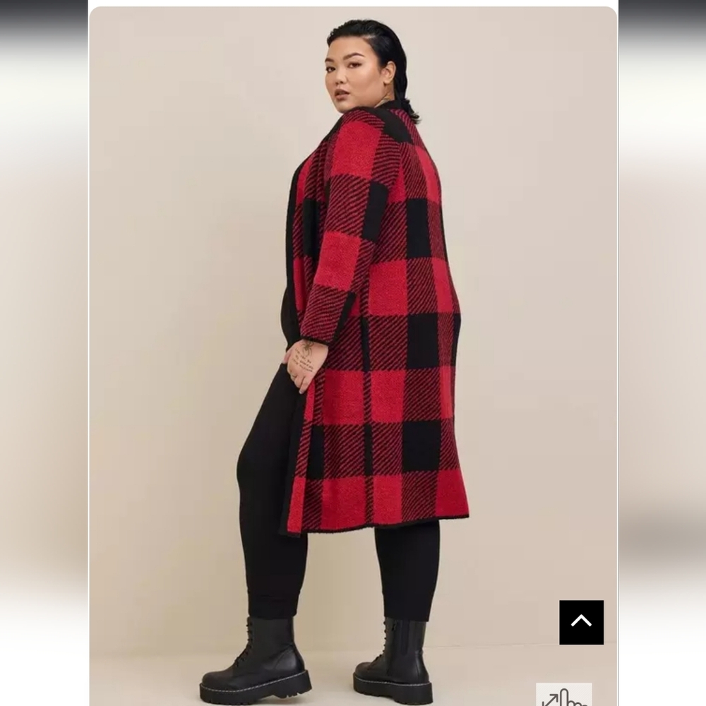 Torrid 4x Red and Black Plaid Long Cardigan - Picture 3 of 15